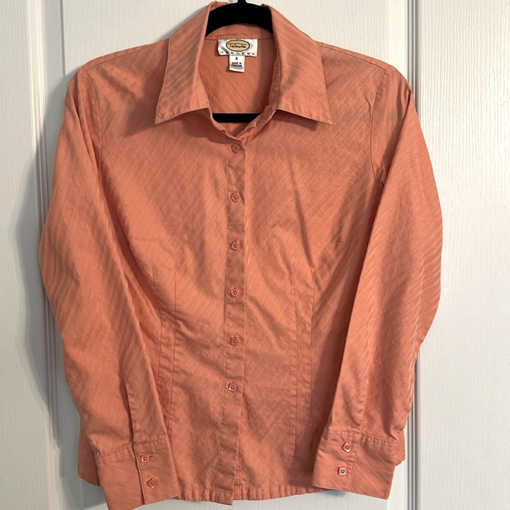 Talbots Women's Square Neck Peach Blouse Button Up Large Long Sleeve Dressy